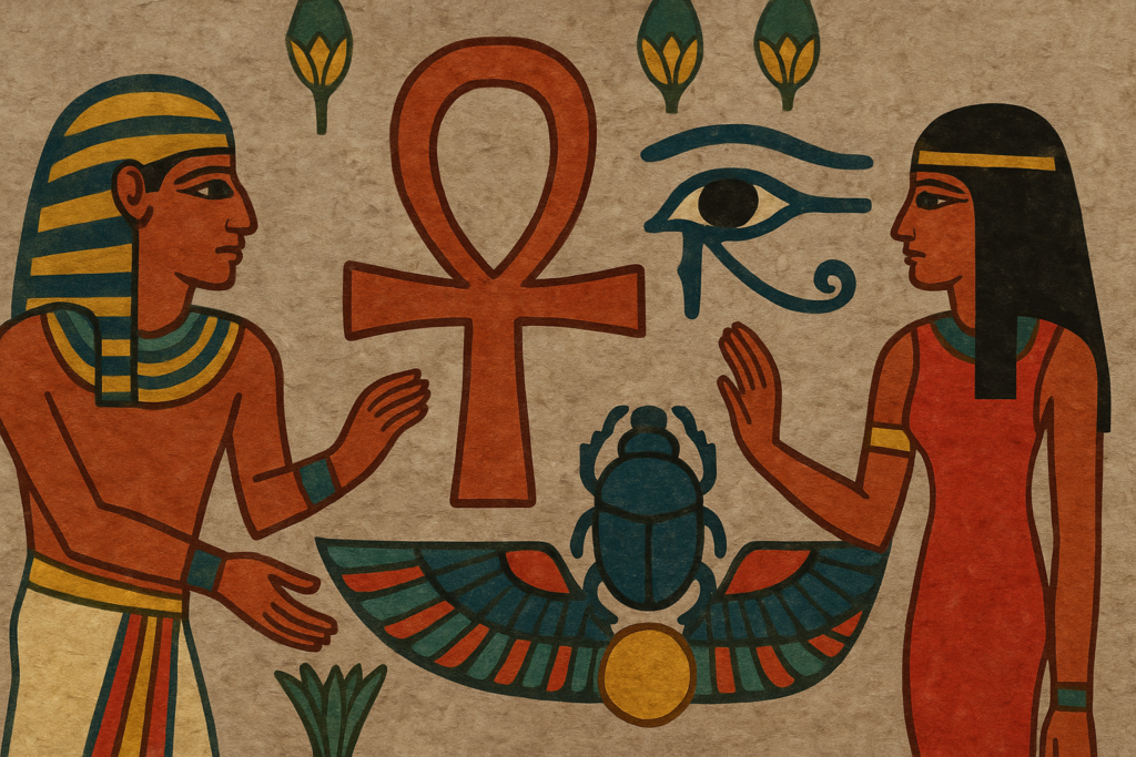 古代エジプトの壁画風アイキャッチ画像。中央にアンクとホルスの目、翼を広げたスカラベ甲虫を配置し、左右にエジプト人の男女とロータス文様を描いたデザイン。
