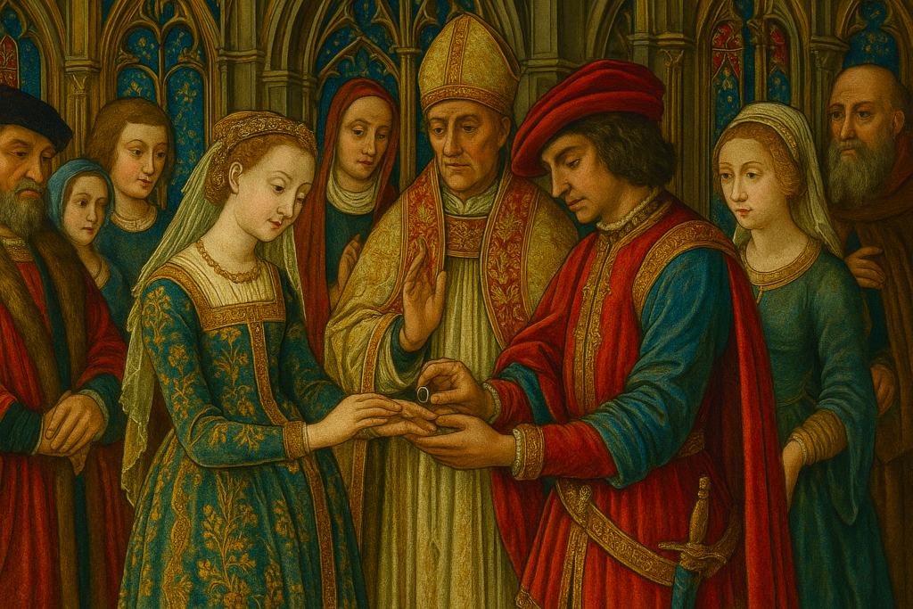 華やかなゴシック風の婚約場面。大聖堂を背景に、貴族の新郎が新婦に指輪を渡し、周囲に家族や聖職者が立ち会っている。鮮やかな衣装とステンドグラスの彩りが中世ヨーロッパにおける婚約指輪の発展を象徴している。