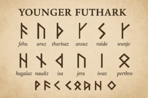 ヤンガー・フサルクの16文字を一覧にした図。各ルーン記号が古代名（fehu、uruz、thurisaz、ansuz、raido、wunjo、hagalaz、naudiz、isa、jera、iwaz、perthroなど）とともに、アンティーク調の背景上に整列して表示されている。