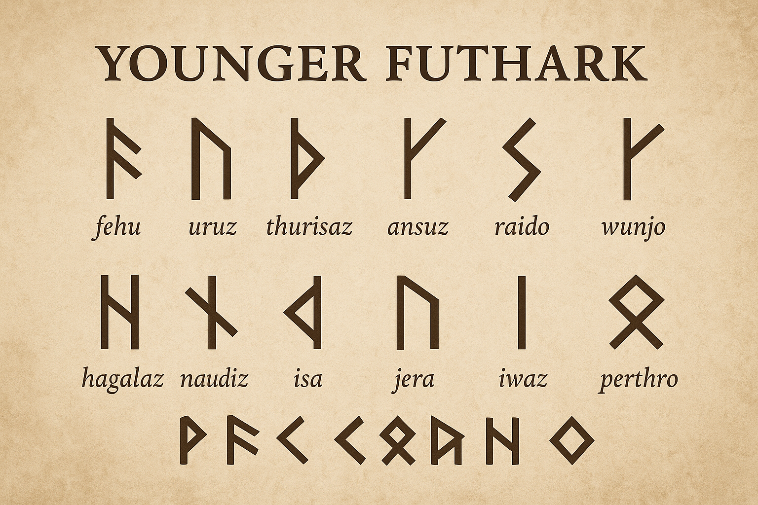 ヤンガー・フサルクの16文字を一覧にした図。各ルーン記号が古代名（fehu、uruz、thurisaz、ansuz、raido、wunjo、hagalaz、naudiz、isa、jera、iwaz、perthroなど）とともに、アンティーク調の背景上に整列して表示されている。