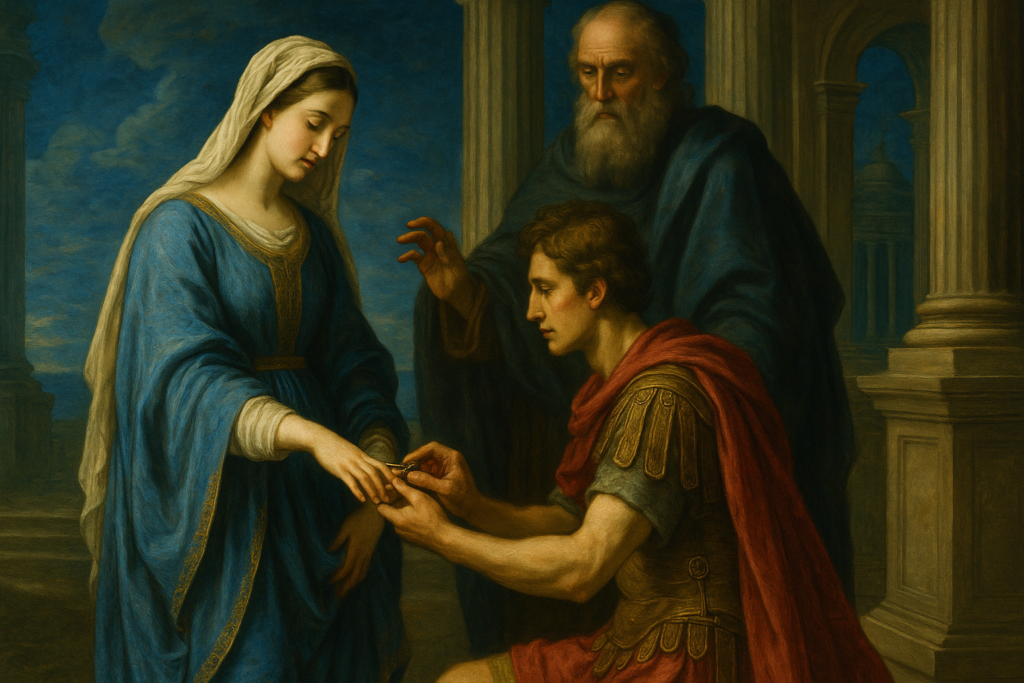 青を基調としたバロック風の婚約場面。古代ローマの神殿前で新郎が新婦の指に鉄の指輪をはめており、背後には円柱や彫像が並ぶ壮麗な建築が描かれている。強い光と陰影が婚約と指輪の象徴性を際立たせている。