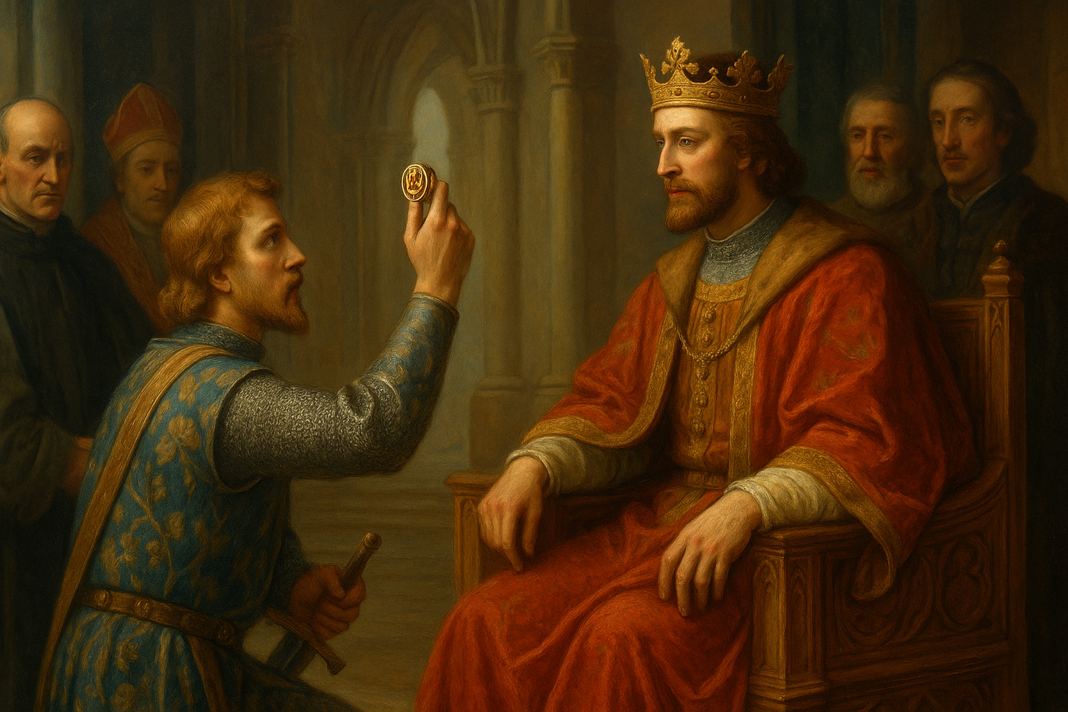 ルネサンス風の宮廷場面。大広間で礼装をまとった騎士が跪き、紋章リングを掲げて主君に忠誠を誓っている。背後には貴族や聖職者が立ち会い、荘厳な雰囲気が騎士と紋章リングの関係を象徴している。