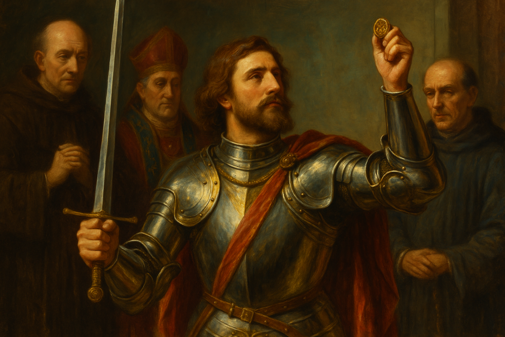 華やかな銀と金の鎧をまとった騎士が、剣とシグネットリングを掲げて誓いを立てるルネサンス風の油彩画。周囲には僧侶や司教といった聖職者が立ち会い、儀式を見届けている。中世ヨーロッパにおける騎士とシグネットリングの誓約を象徴する場面。