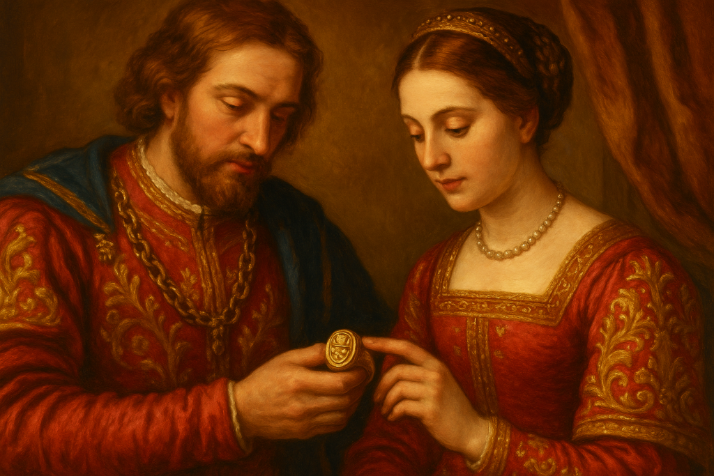 赤とゴールドを基調とした華やかな儀礼服を着た男女が、紋章を刻んだ金のシグネットリングを見つめるルネサンス風の油彩画。中世ヨーロッパにおけるシグネットリングの役割を象徴する場面。
