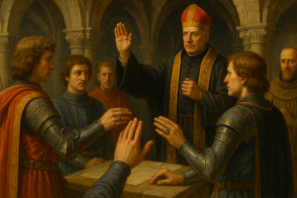 ルネサンス風の大広間。複数の騎士が円陣を組み、紋章リングを掲げながら誓約を交わしている。中央には聖職者が立ち、厳かに手をかざして誓いを見届けている。石造りのアーチが背景に広がり、荘厳な雰囲気を漂わせている。