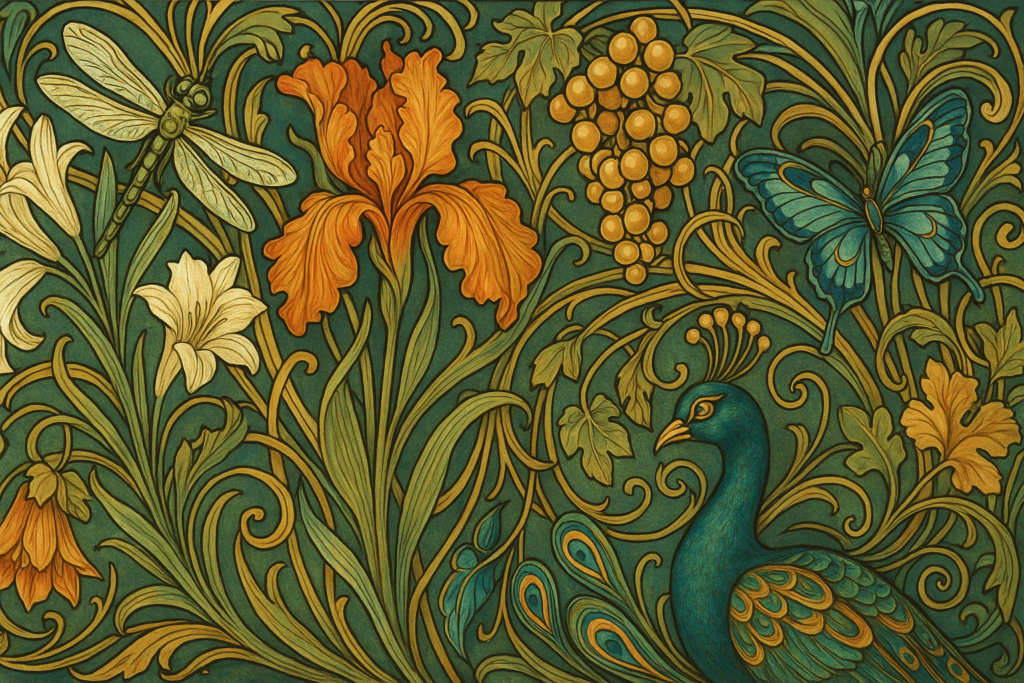 アールヌーボー風の華やかな装飾画。オレンジ色のアイリスや白いユリ、ブドウの房、ツタの曲線の中に、トンボ・蝶・孔雀が調和して描かれている。