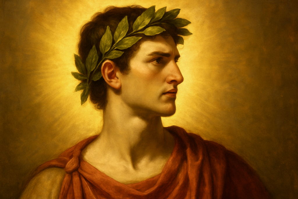 ルネサンス風に描かれた若いギリシャ人男性。月桂冠を頭に戴き、金色に輝く後光を背景に栄光と威厳を表現している。