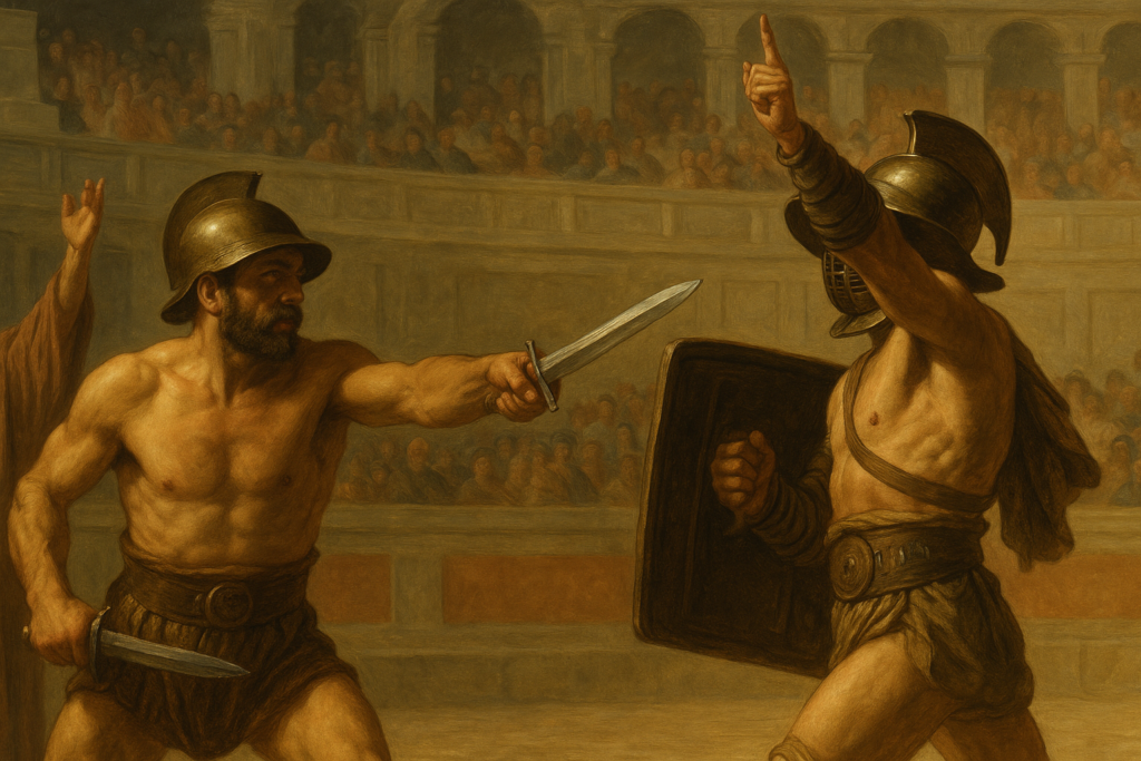 古代ローマの闘技場で剣闘士が戦う様子を描いた絵画。左の戦士は剣を構え、右の戦士は盾と兜を身に着けて親指を立てている。観客席には多くの人々が見守っている。