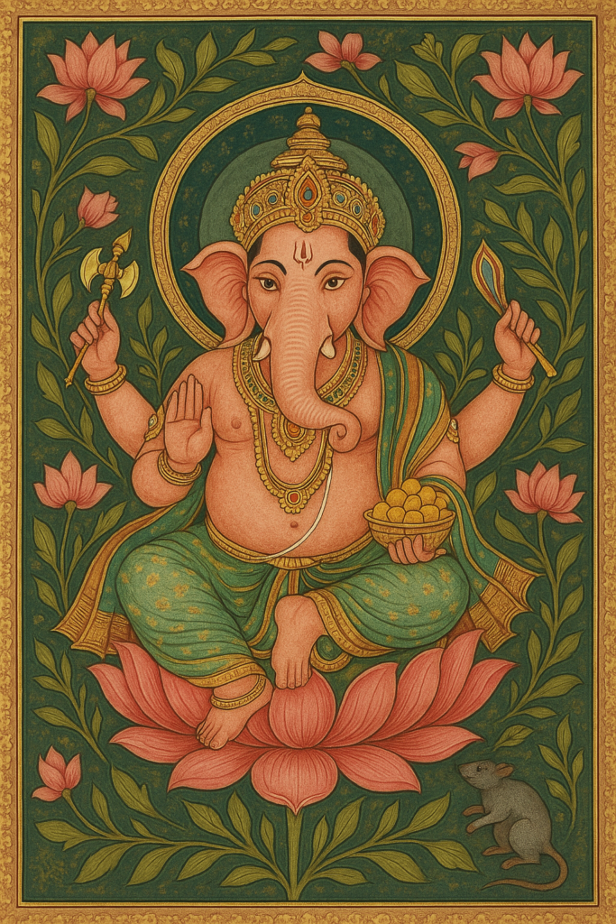 インド伝統絵画様式で描かれたガネーシャ。蓮の上に座り、金の冠と装飾を身にまとい、片手に斧、もう一方の手に甘菓子を持ち、背後には蓮の花と植物模様が描かれている。