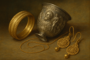 ルネサンス風に描かれたローマ時代の金銀細工。人物像が浮き彫りされた銀杯、精緻な模様の金の腕輪、装飾的なイヤリングとチェーンが並べられている。
