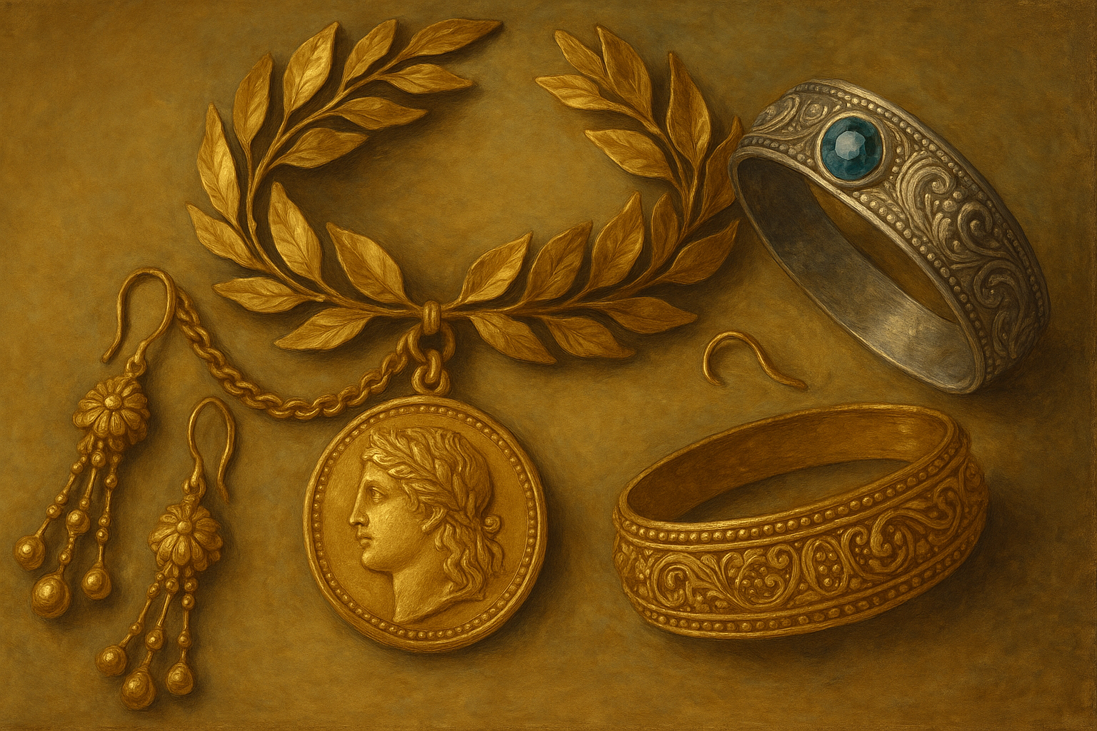 古代ギリシャ・ローマ風の装身具をルネサンス調に描いた絵。月桂冠を飾ったメダリオン、金の腕輪、銀の装飾リング、揺れるイヤリングが並べられている。