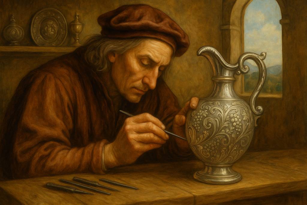 ルネサンス風に描かれた工房の場面。職人が木製作業台で銀器に細密な彫刻を施しており、彫刻道具が机に並んでいる。背景には完成途中の銀製品や棚があり、窓から柔らかな光が差し込んでいる。