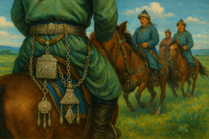 ルネサンス風に描かれたモンゴル遊牧民の腰飾りと馬具。手前の男性の腰には銀細工の飾りや小箱が連なり、草原を走る馬上の姿とともに遊牧民の装飾文化を象徴している。