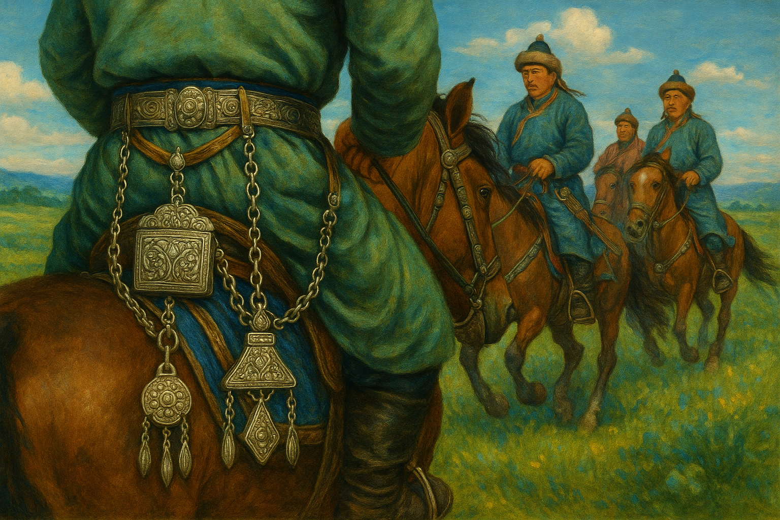 ルネサンス風に描かれたモンゴル遊牧民の腰飾りと馬具。手前の男性の腰には銀細工の飾りや小箱が連なり、草原を走る馬上の姿とともに遊牧民の装飾文化を象徴している。