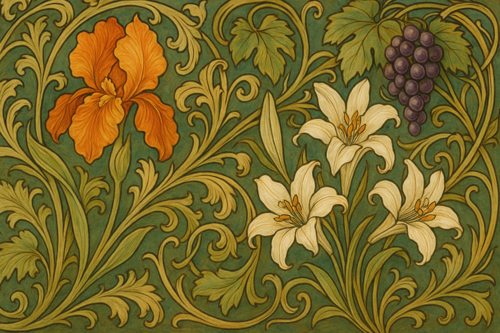 アールヌーボー風の華やかな装飾画。オレンジ色のアイリス、白いユリ、紫のブドウ、流れるようなツタとアカンサスの葉が調和して描かれている。