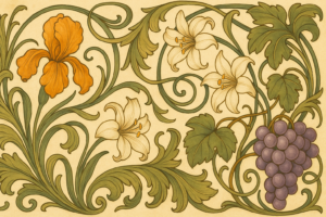 アールヌーボー風の装飾画。オレンジ色のアイリス、白いユリ、紫のブドウ、流れるようなアカンサスとツタの葉が曲線美を描きながら配置されている。