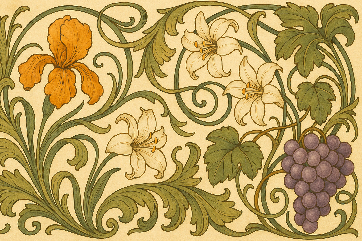 アールヌーボー風の装飾画。オレンジ色のアイリス、白いユリ、紫のブドウ、流れるようなアカンサスとツタの葉が曲線美を描きながら配置されている。