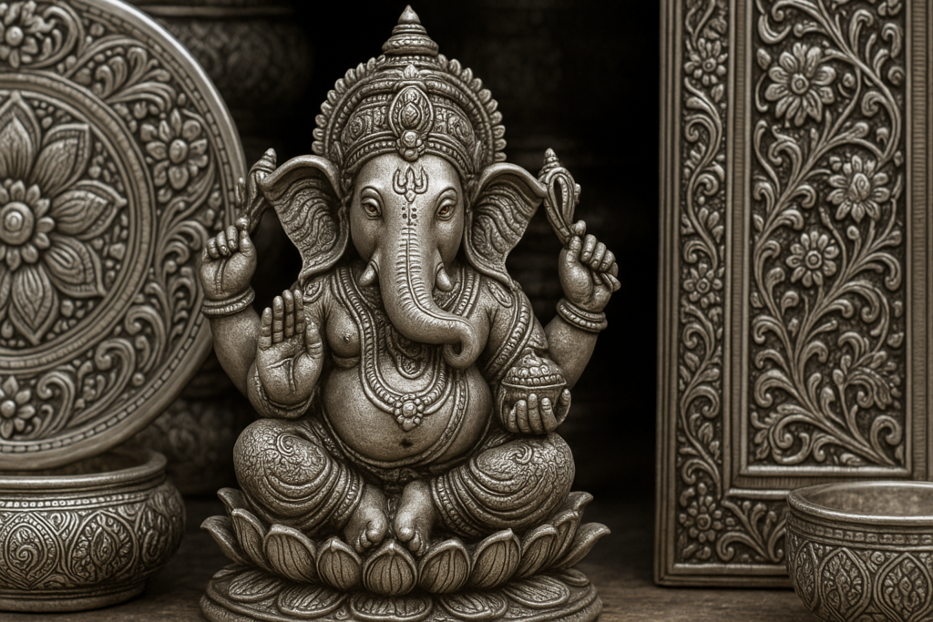 精緻な彫刻が施された銀製のガネーシャ像。周囲には花文様や唐草模様が刻まれた銀細工の器や装飾板が並び、インドの宗教的装飾文化を象徴している。