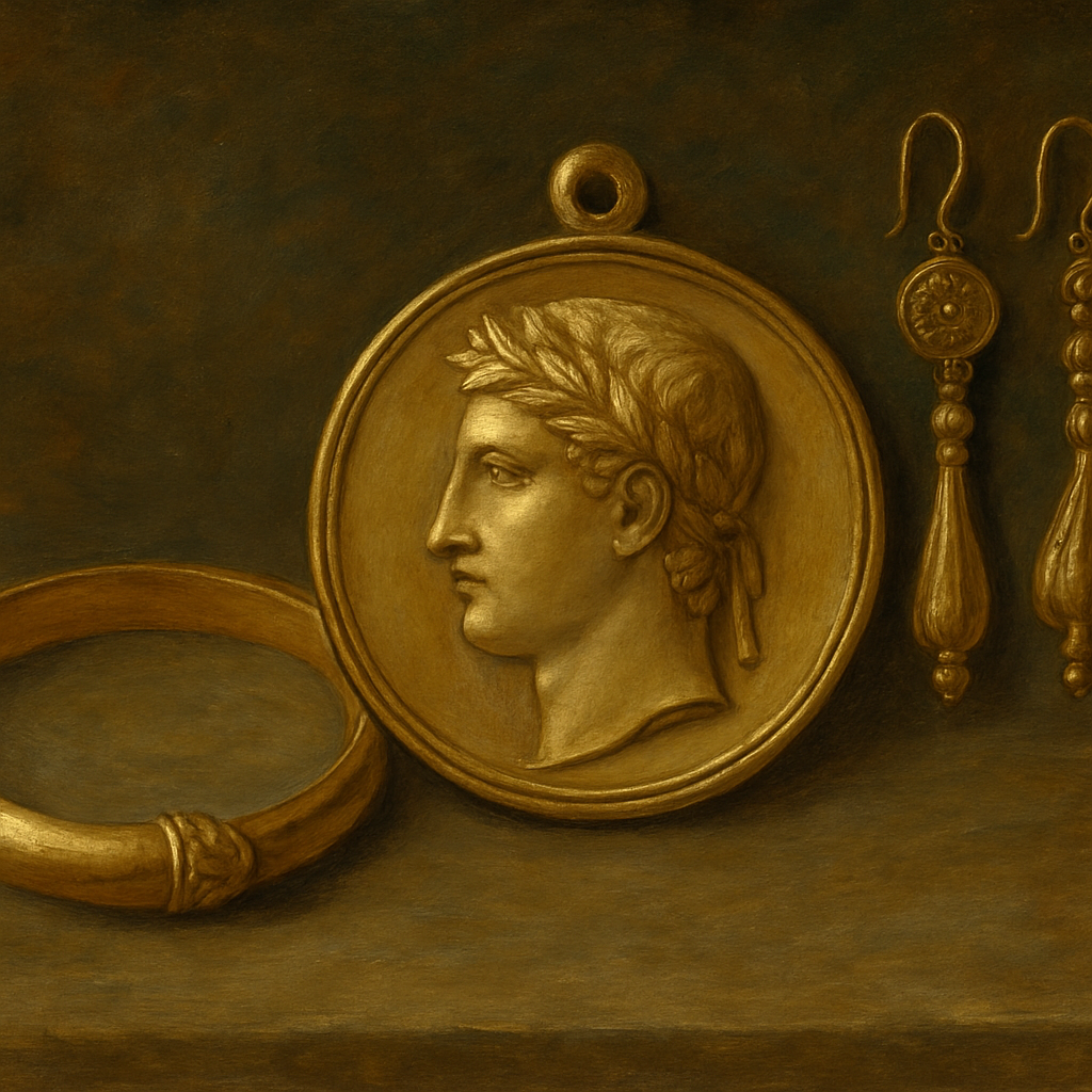 ルネサンス風に描かれた金のメダリオン。月桂冠を戴いた神の横顔が刻まれており、隣には金のバングルと装飾的なイヤリングが並べられている。