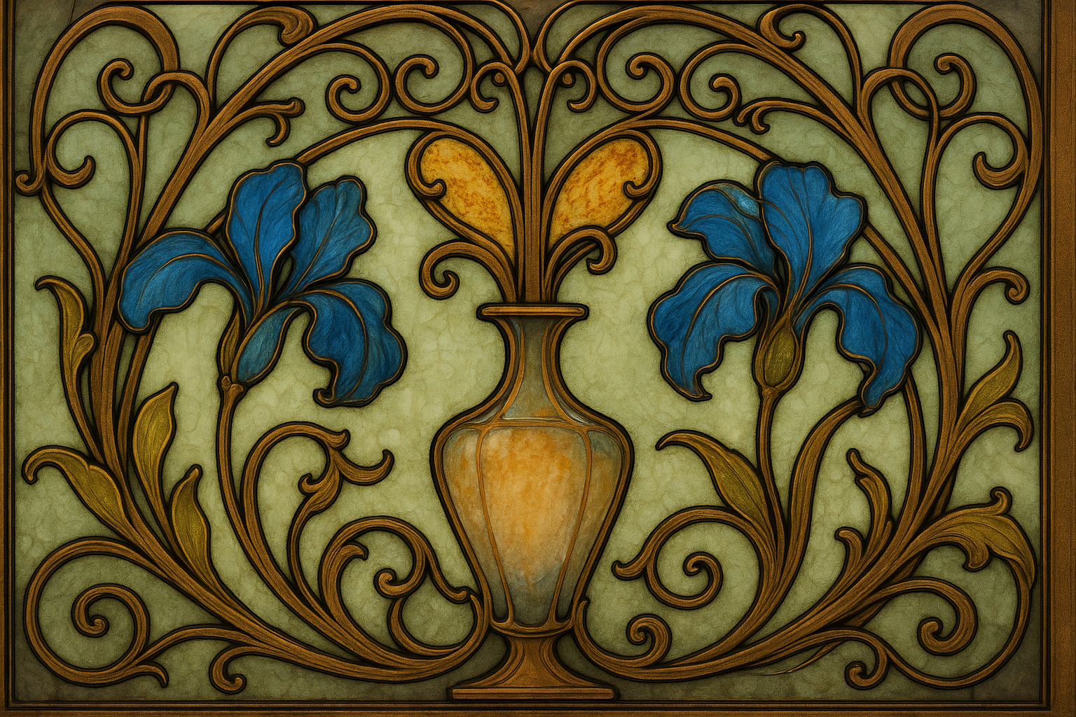 アールヌーボー風のステンドグラス装飾。中央の花瓶から伸びる曲線的な金属フレームに、青い花と金色の植物模様が絡み合い、光と色彩が調和している。