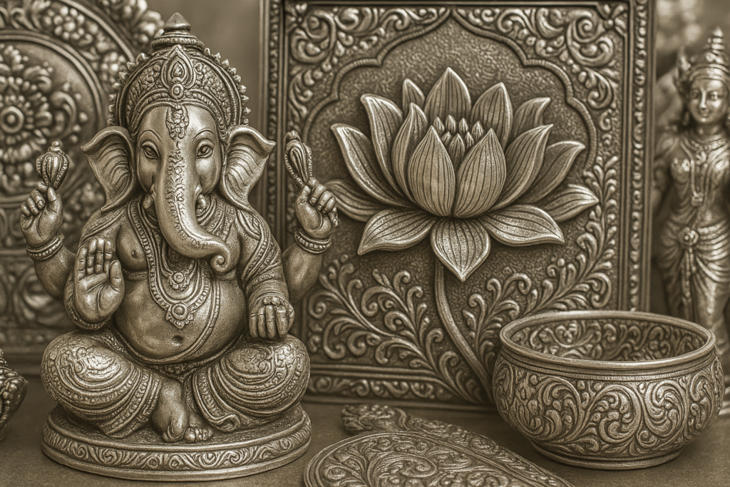 精緻に彫刻された銀製のガネーシャ像と蓮の花の装飾板。周囲には花文様が刻まれた銀器や装飾品が並び、インドの宗教的装飾文化を象徴している。