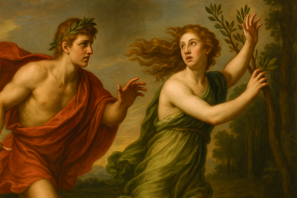ルネサンス風に描かれたギリシャ神話の場面。月桂冠を戴いたアポロンが必死にダフネを追い、ダフネの腕から月桂樹の枝葉が芽生え始めている。