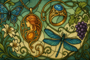 アールヌーボー風の装飾画。ユリやアイリスの花、蝶やトンボが流れるような曲線の蔓と調和し、ガラスや金属の輝きが融合した幻想的なデザイン。