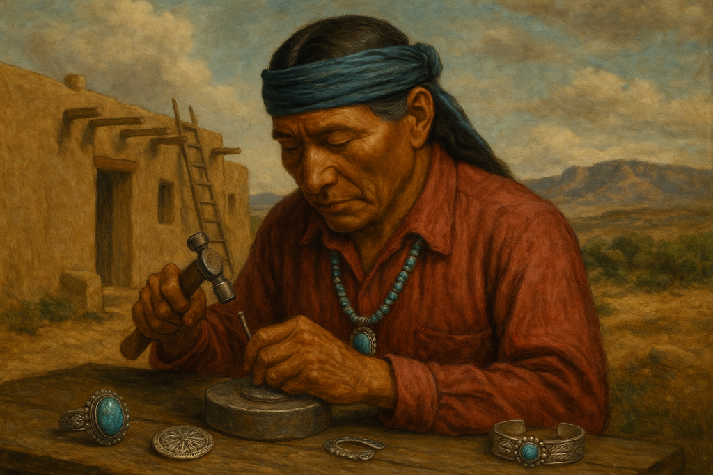 ネイティブアメリカンの男性が居留地の一画でシルバーアクセサリーを制作している様子。木の机にハンマーとタガネを使い、ターコイズをあしらったリングやバングルを並べ、集中して作業している。背景には土造りの住居と山々が広がる。ルネサンス風の油絵調で描かれている。