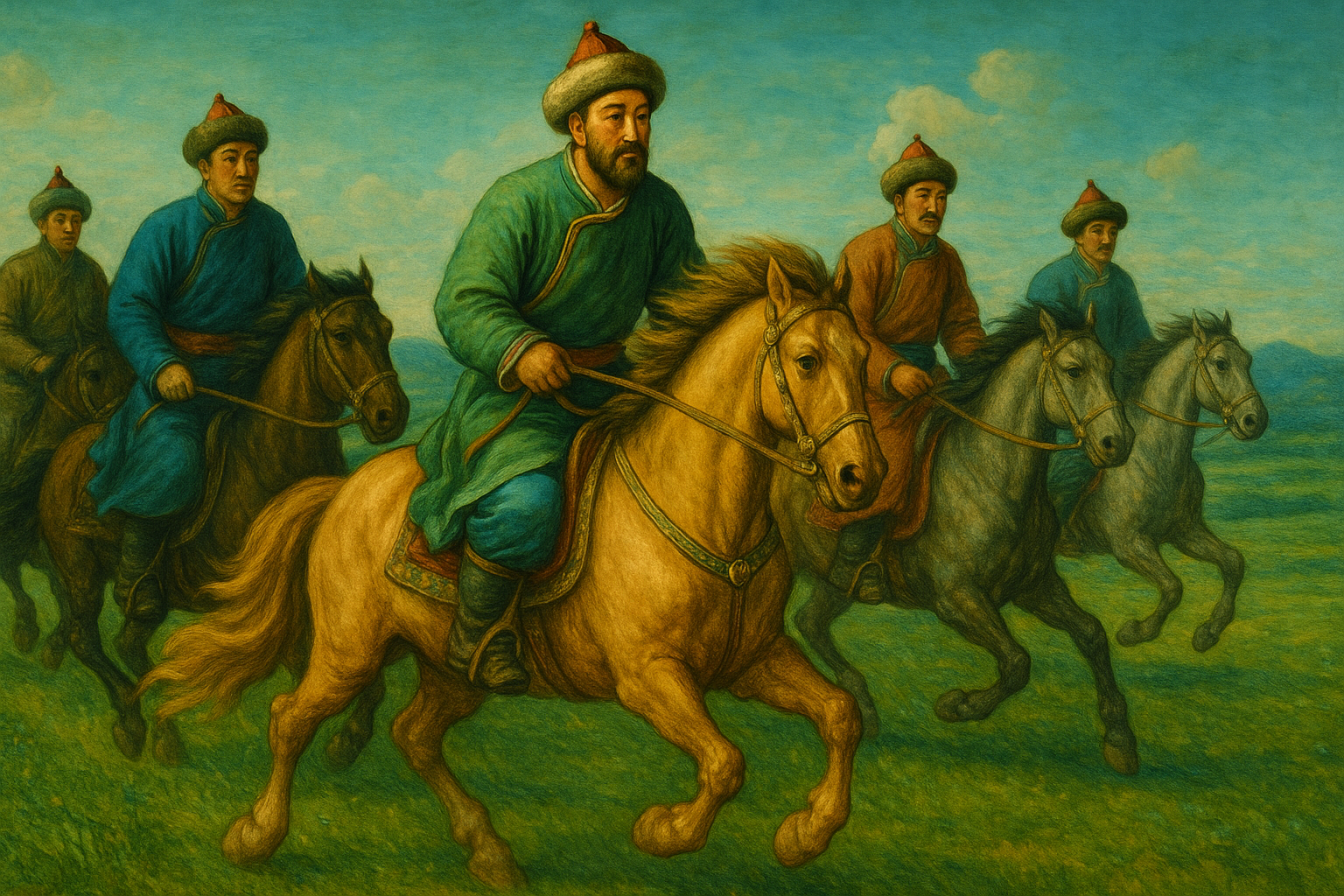 モンゴル遊牧民の男性たちが草原を馬で駆ける姿をルネサンス風に描いたイラスト。民族衣装や馬具の装飾が表現され、銀装飾文化や遊牧民の護身信仰を象徴する明るい風景。