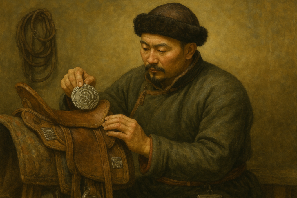 ルネサンス風に描かれたモンゴル遊牧民の男性が、木製の台に置かれた鞍を手入れしている場面。革の馬具に銀製の装飾が施され、男性は渦巻文様の銀細工を丁寧に磨いている。