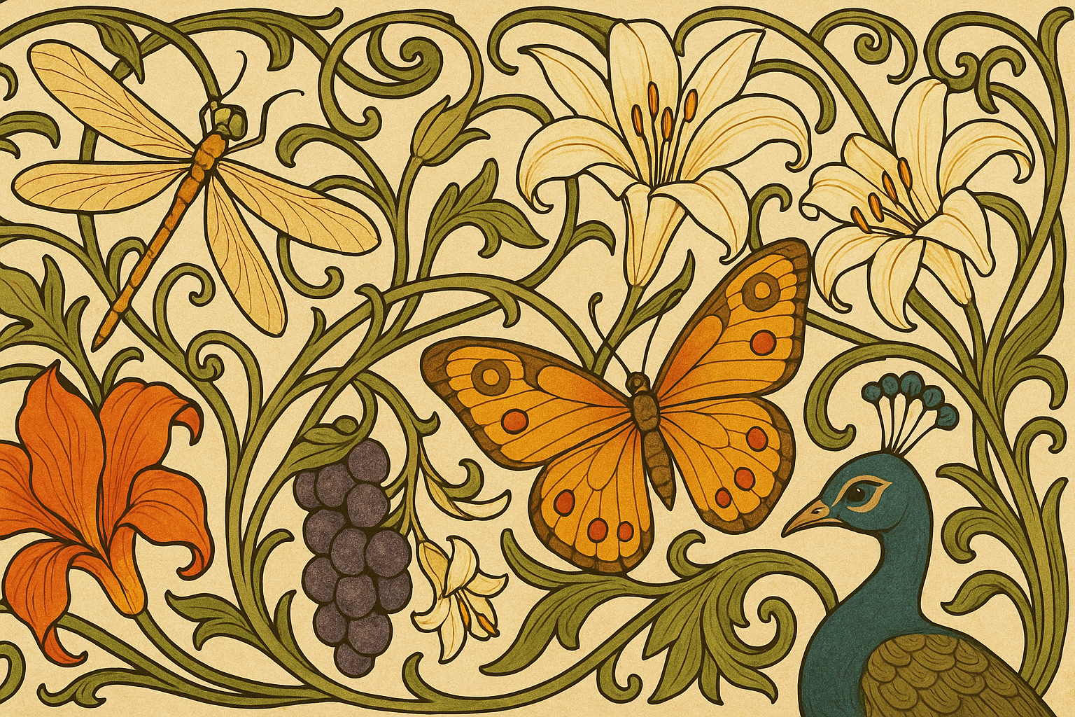 アールヌーボー風の装飾画。トンボや蝶、孔雀がユリやアカンサス、ブドウの房と絡み合う曲線の中に描かれ、生命力と自由を象徴している。