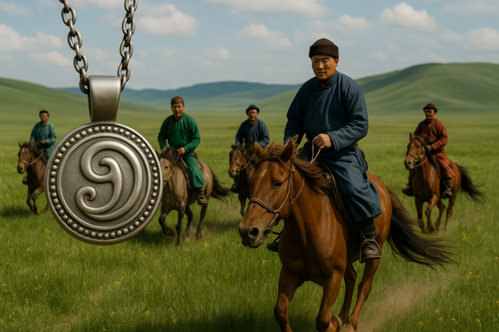 モンゴルの草原を馬で駆ける遊牧民の男性たち。前景には渦巻文様が刻まれた銀製護符のペンダントが大きく映し出され、護符と信仰のつながりを象徴的に表現している。