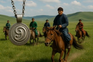 モンゴルの草原を馬で駆ける遊牧民の男性たち。前景には渦巻文様が刻まれた銀製護符のペンダントが大きく映し出され、護符と信仰のつながりを象徴的に表現している。