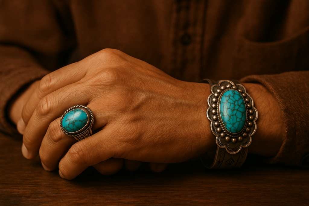 木のテーブルに置かれた手元のクローズアップ写真。右手の指には大粒のターコイズをあしらったシルバーリングを、手首には装飾的なスタンプ模様とターコイズを中央に配した重厚なバングルを身につけている。