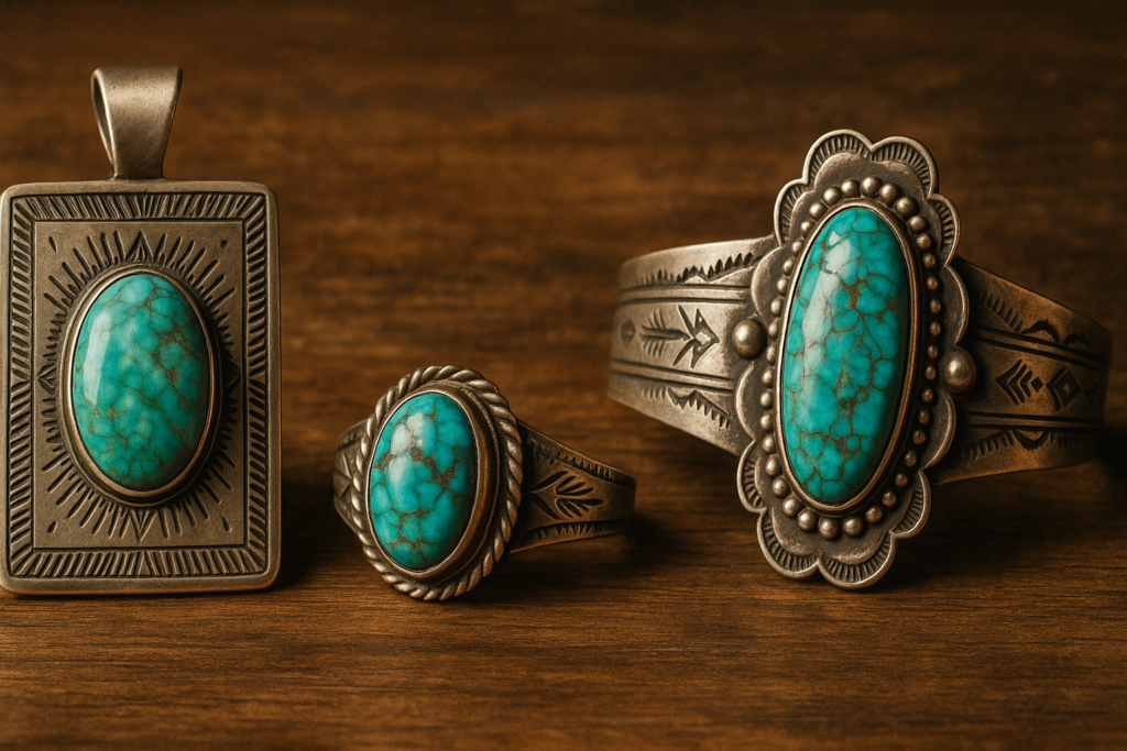 木のテーブルの上に並べられたインディアンジュエリー三点。ターコイズを中央にあしらったシルバーペンダント、リング、バングルで、精緻なスタンプ模様と独特の装飾が施されている。実写的に描写された高解像度の写真風イメージ。