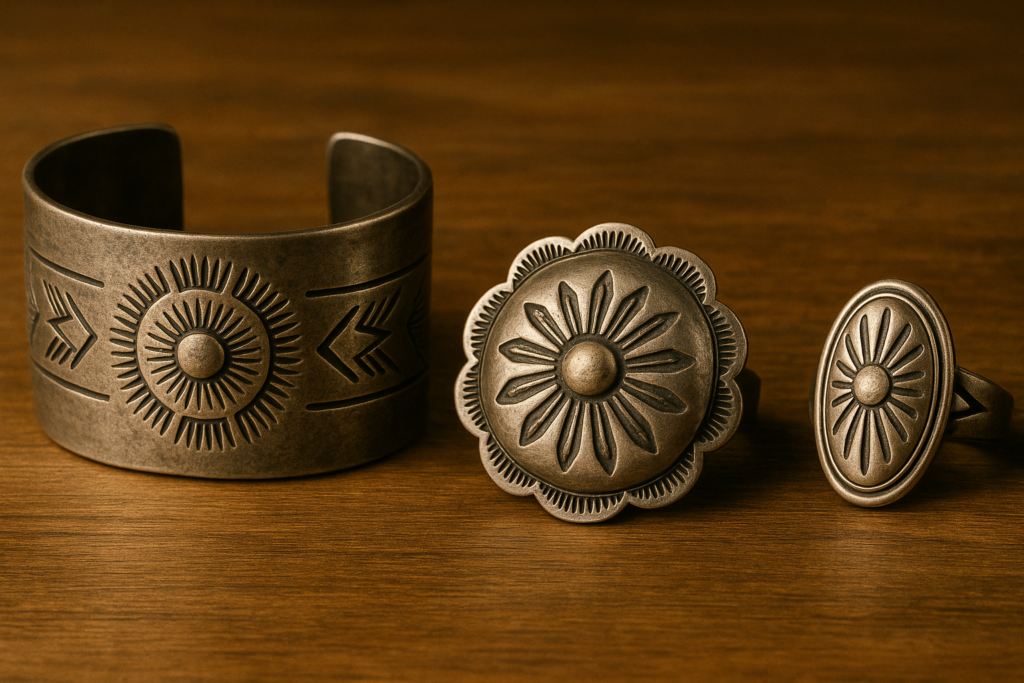 木のテーブルの上に並べられたナバホ族スタンプワークのシルバーアクセサリー三点。左から太陽模様を刻んだバングル、立体的に膨らんだコンチョ、楕円形のリング。いずれも力強いスタンプ文様が施されている。