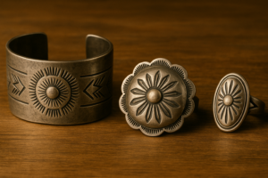 木のテーブルの上に並べられたナバホ族スタンプワークのシルバーアクセサリー三点。左から太陽模様を刻んだバングル、立体的に膨らんだコンチョ、楕円形のリング。いずれも力強いスタンプ文様が施されている。