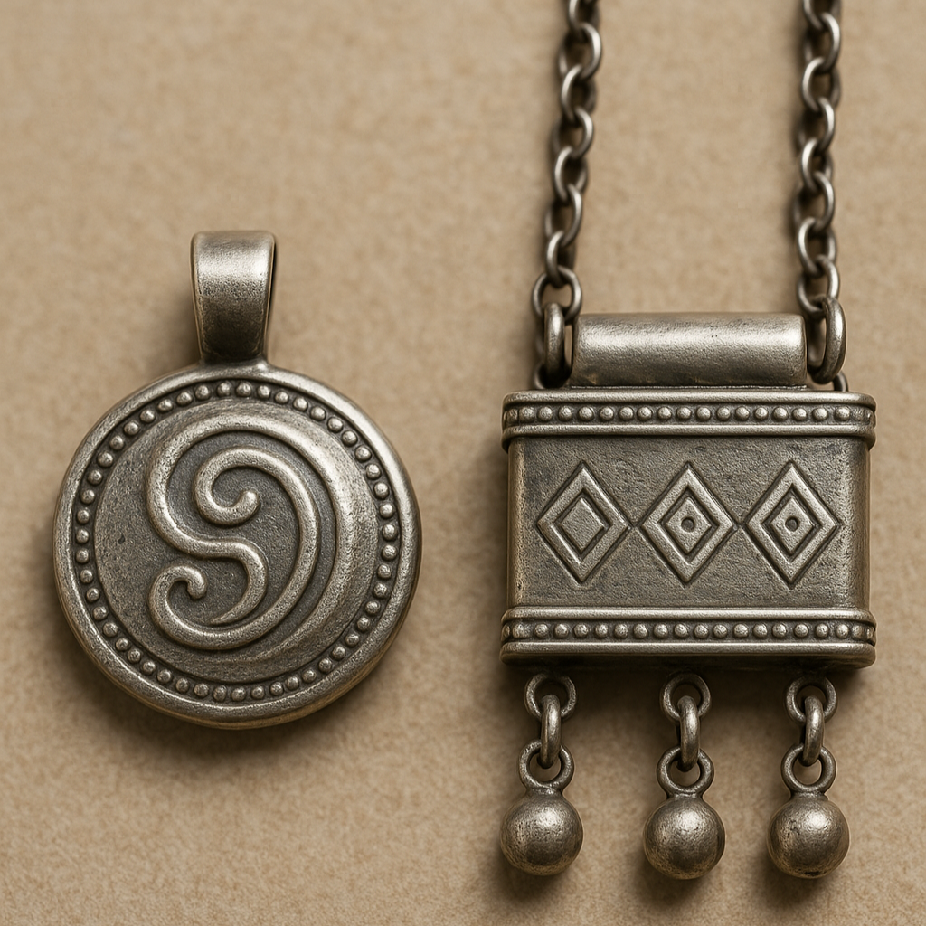 モンゴル遊牧民の銀細工を再現した護符。左は渦巻文様が彫られた円形ペンダント型、右は菱形の幾何学文様を刻んだ小箱型護符で、チェーンと吊り下げ飾りが付いている。