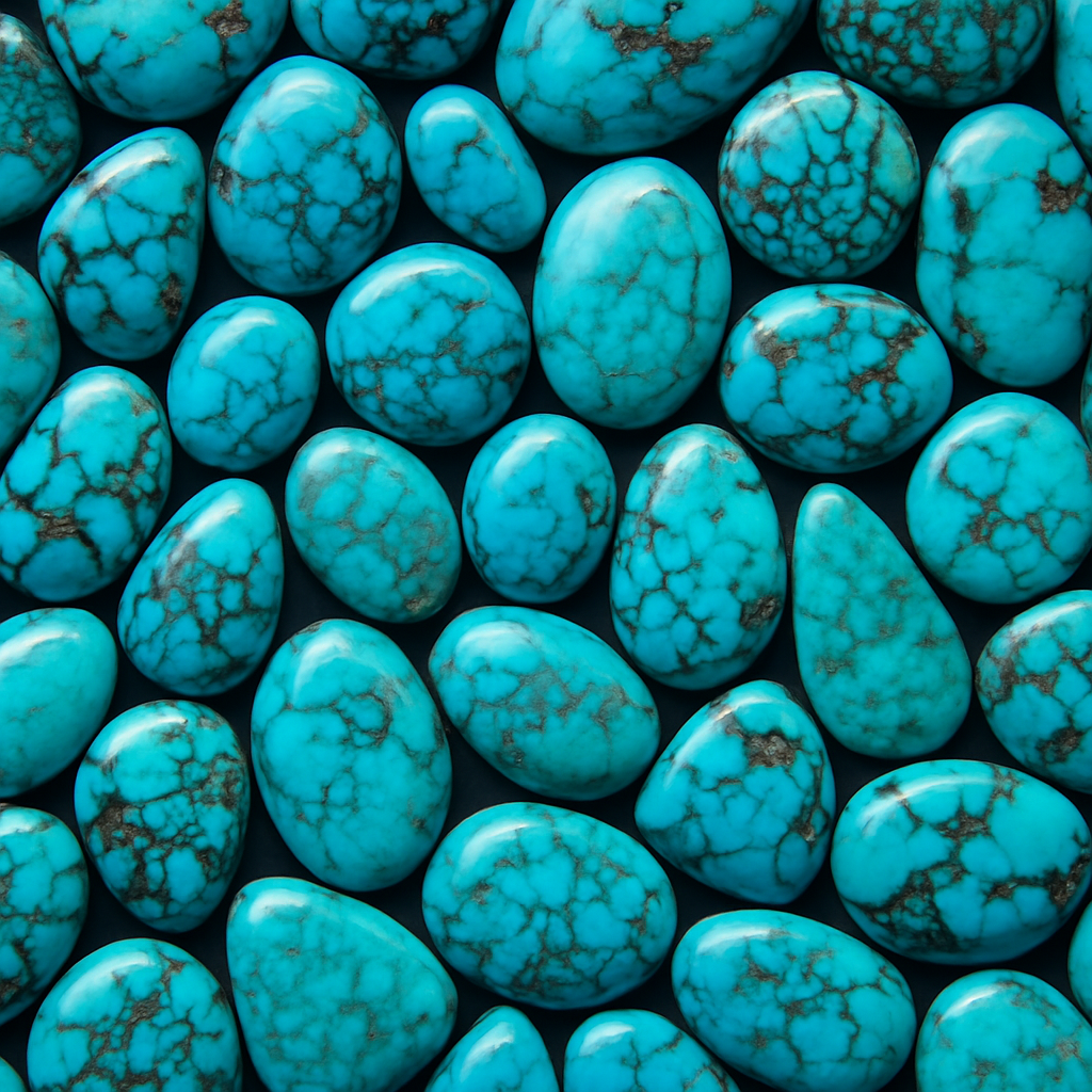 ターコイズのルースが隙間なく敷き詰められたアップ写真。鮮やかな青から深い青緑までの色合いが混ざり、黒や茶のマトリックス模様が天然石の個性を引き立てている。