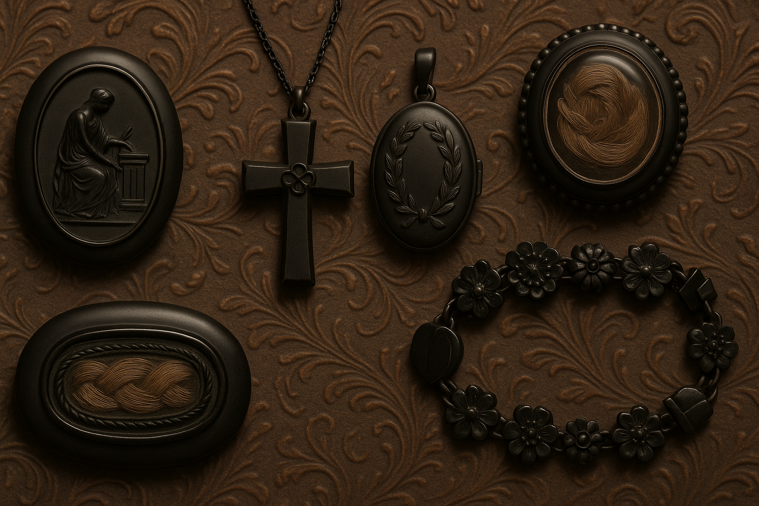 ヴィクトリア朝のモーニングジュエリー。黒いジェット製のクロスペンダント、月桂樹のモチーフを刻んだロケット、祈る人物を描いたブローチ、故人の髪の毛を編み込んだヘアジュエリー、花を連ねた黒いブレスレットなどがアンティーク調の背景に並べられている。