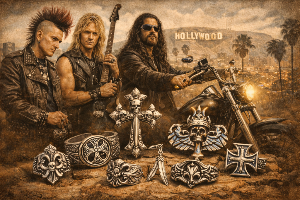 1980〜90年代のロサンゼルスを背景に、パンクやロック、バイカー文化の人物がゴシックや中世風モチーフのシルバーアクセサリーを身に着ける情景