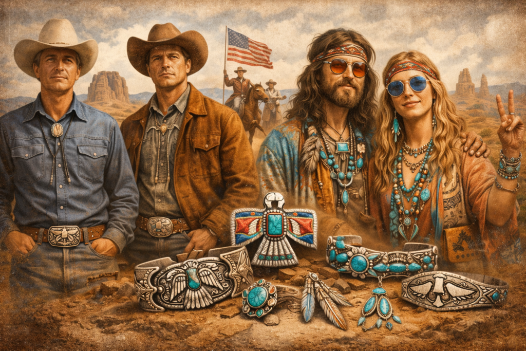 戦後の西部文化と1960年代ヒッピー文化を対比し、カウボーイと若者たちがシルバーとターコイズの装身具を身に着ける情景