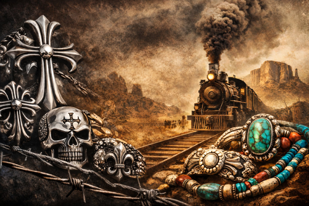 ゴシック調のシルバーアクセサリーと、ターコイズを用いたインディアンジュエリーが、蒸気機関車と荒野を背景に対比的に配置されたイメージ。