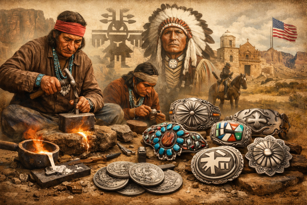 19世紀の北米南西部で、銀貨を溶かして装身具を制作する先住民銀細工師と、ターコイズ装飾やスタンプワークの完成品を描いた歴史的情景