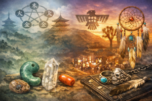 東洋の寺院や陰陽五行の図と、アメリカ先住民モチーフの夢捕りやターコイズ装飾、天然石とシルバーアクセサリーを対比的に描いたイメージ。